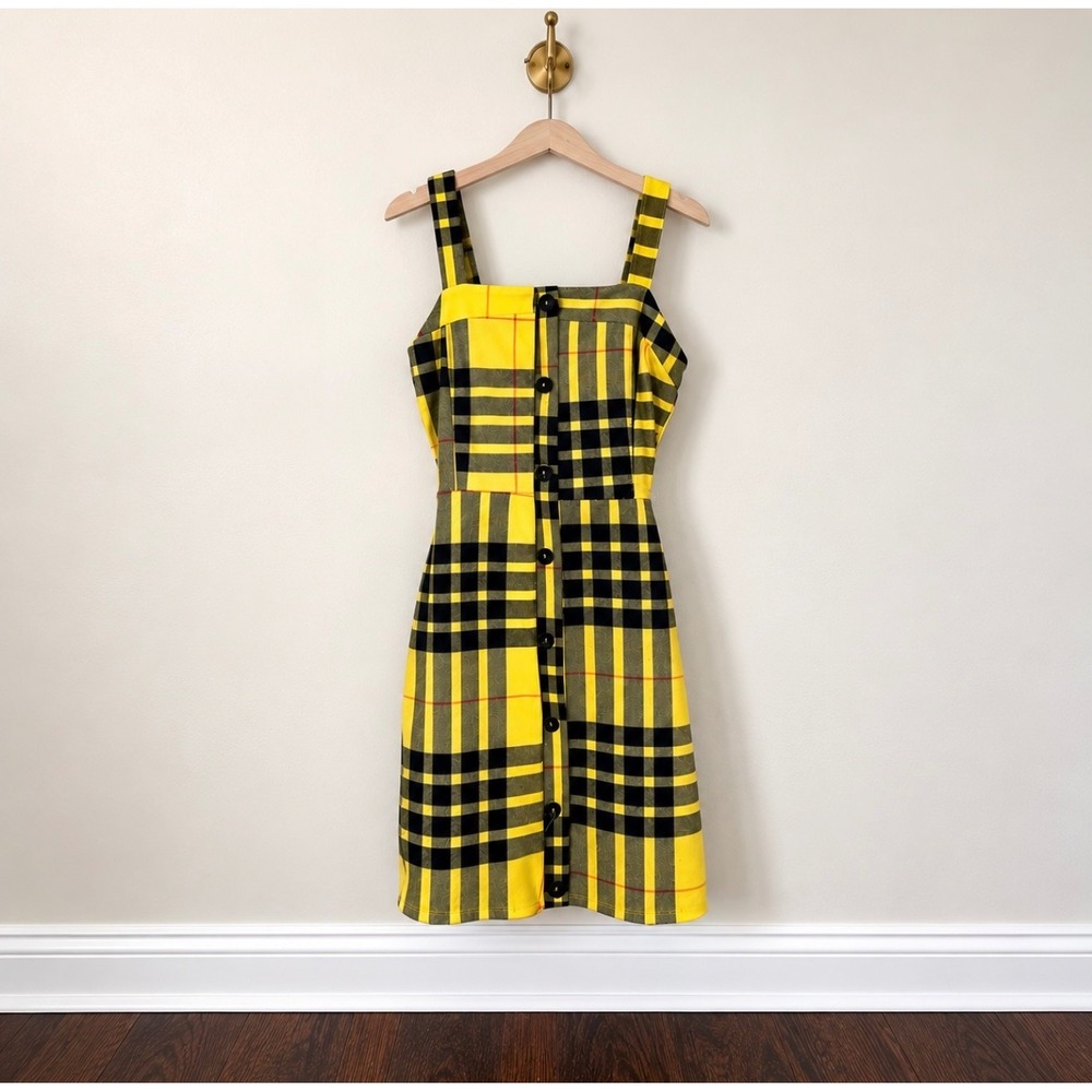 Charlotte Russe Yellow Black Plaid Button Front Mini Dress Small 90s Style